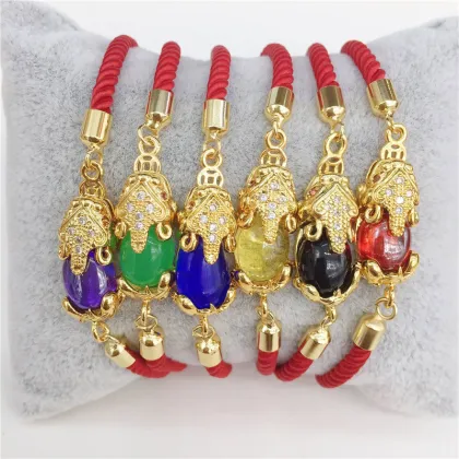 Vintage Style 18k Gold Plated Pixiu Bracelet with Real Gemstones: Red String, Purple, Green Jade, and Lucky Money Symbol for Feng Shui