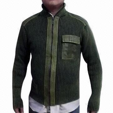 Olive stone washed men's sweater, customized logos are accepted