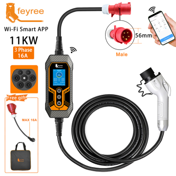 WIFI Smart APP Controlled Feyree 11KW GBT Charging Plug - Portable EV Charger with CEE 5-Pin 16A to EU 16A Adapter