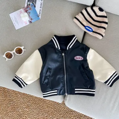 Children's Bear Embroidered Leather Jacket