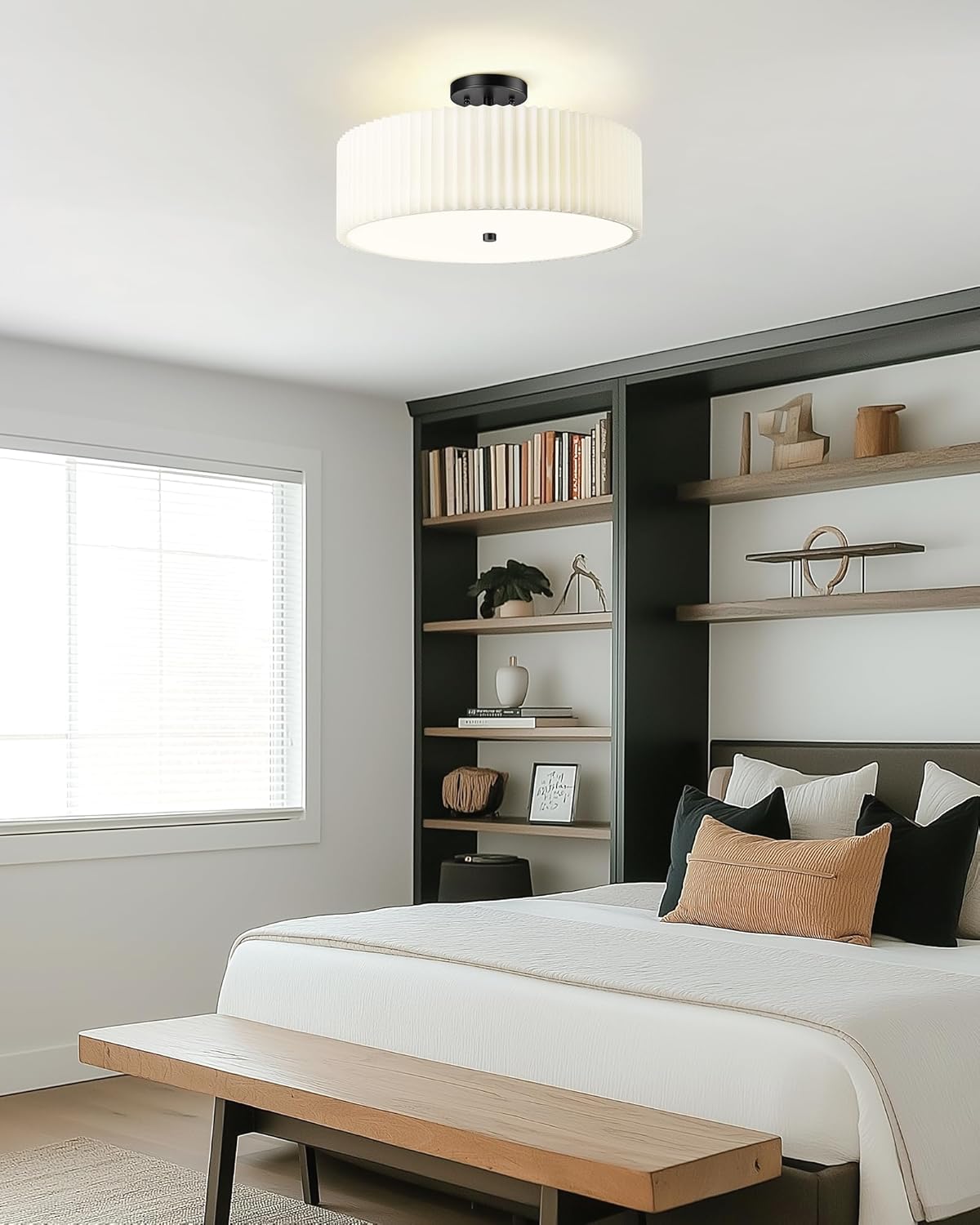Semi Flush Mount Ceiling Lights with Drum White Pleated Fabric Shade for Nursery Hallway Bedroom Kitchen (12)