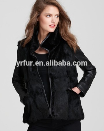 YR872 Winter fashion garment black rabbit fur and sheep leather coat
