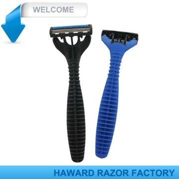 High quality Rubber handle triple blade male shaving razor