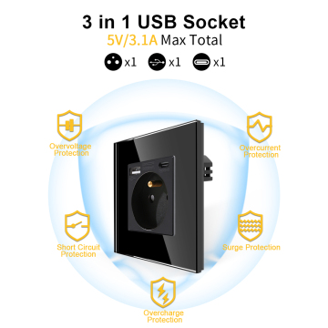 European Standard French Power Plug Wall Socket with Type C and USB