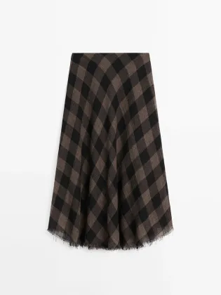 Women's French-style mature-casual full-wool checkered tweed midi skirt