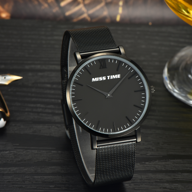 black japan movt stainless steel slim stone quartz watch