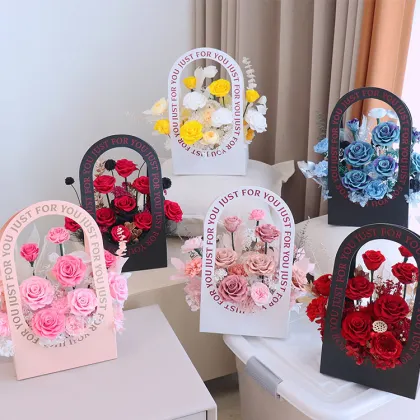 Mom's Pink Forever Rose Flower Basket - Natural Preserved Rose Gift