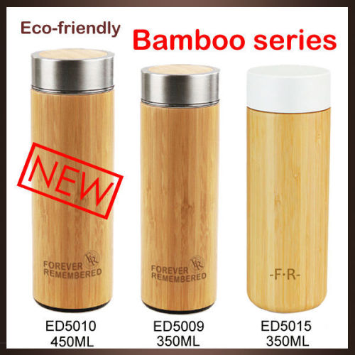 Fancy Double Walled Stainless Steel Coffee Drinkware Bamboo Cover Water Bottle With Tea Filter&Bamboo lid