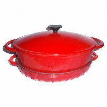 Cast Iron Casserole and Iron Fry Pan with Lid and Color Enamel, Comes in Red