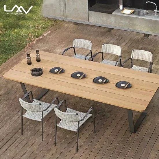 Teak Wood Outdoor Rectangle Dining Table - Metal Legs for Garden and Patio