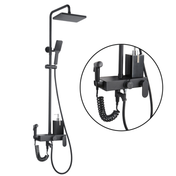 Modern Black Wall-Mounted Rainfall Shower Faucet Set with Mixer and Shelf