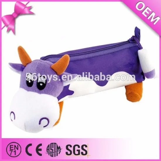 promotional wholesale custom cute plush cow animal shaped pencil case