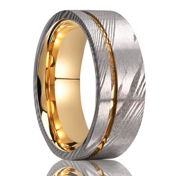 8mm 6mm Damascus Steel Wedding Ring 18K Yellow Gold - Ready to Ship