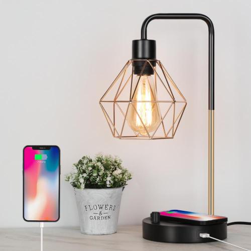 Industrial Bedside Table Lamp with Wireless Charger