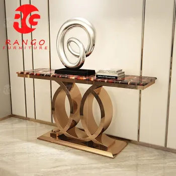 Stainless Steel Console Table with Marble Top and Rose Gold Finish