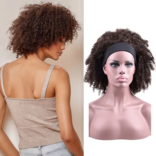 Wholesale 14inch African Black Brown Fluffy Short Wrap Hair Headband Pre-attached Scarf Afro Kinky Curly Synthetic Cosplay Wigs