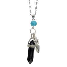 Collier tour de cou pendentif prisme hexagonal plume d&#39;onyx noir