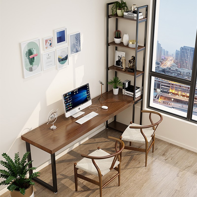 L-shaped Solid Wood Corner Desk with Bookshelf