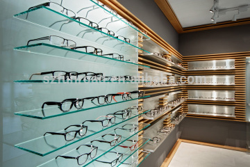 Veneered wood furnitures with wood grains tempered glass eyewear shelves for optical store display plan
