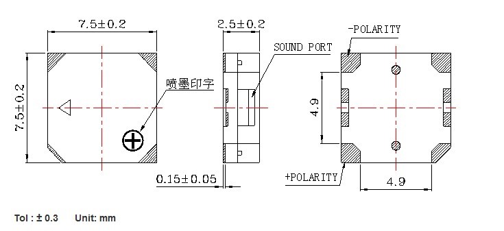 7.5x7.5x2.5mm SMD Magnetic Trasducer Buzzer 3.6V 