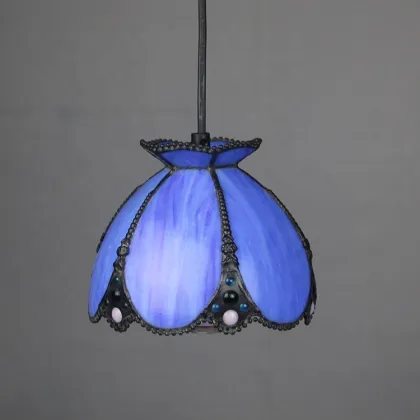 LongHuiJing Antique Brass Finish Bell Hanging Light - Tiffany Style Stained Glass Mini Pendant Lamp