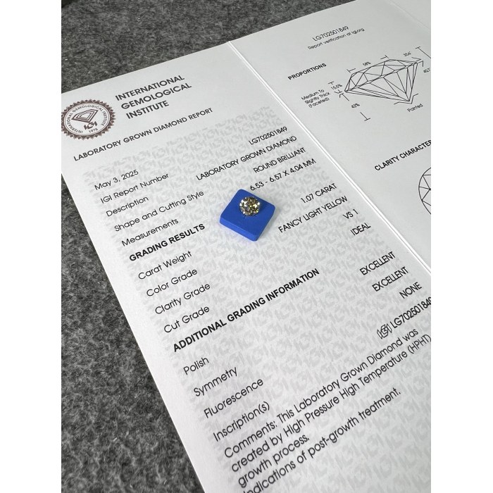 เพชร 1.07CT Fancy LightI Yellow Lab เพชร I VS1 2EX