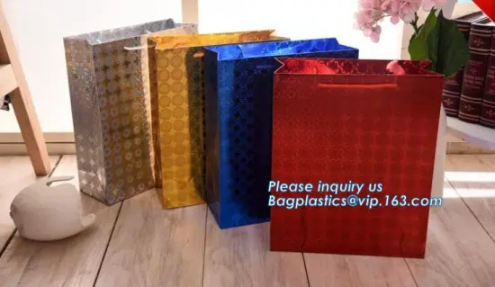Laser colorful shopping packing and gift paper bag, laser decorative paper bags, shinny laser paper bottle packaging bag