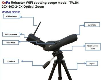 60mm Lens Wifi Spotting Scope Tw201,20x-60x-240x Optical Zoom