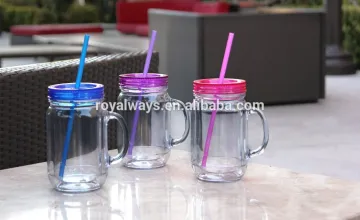 reusable BPA FREE double wall plastic mason jar with lid,handle,straw