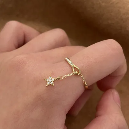 New Hypoallergenic 18k Gold Plated Cz Star Tassel Ring Jewelry for Women