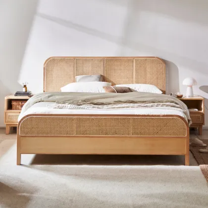 Nordic Simple Modern Master Bedroom Double Solid Wood Rattan Bed