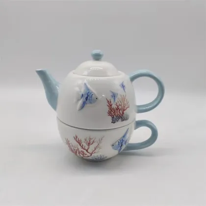 Ocean Fish Ceramic Stackable Teapot Cup Set