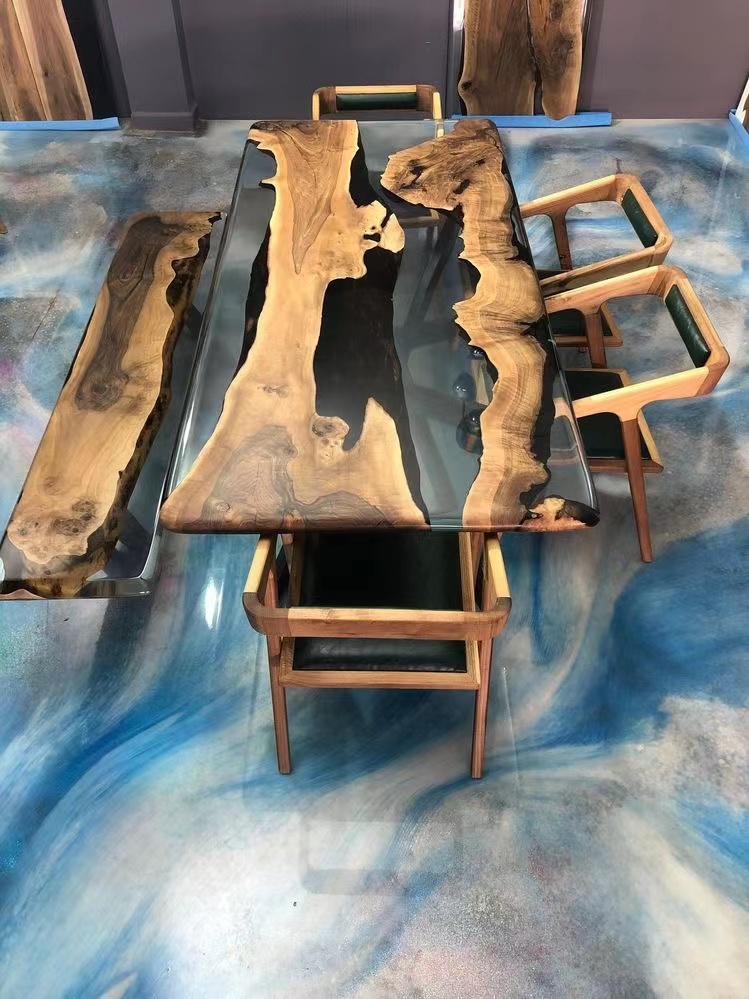 Home Furniture Direct Solid Walnut Wood Restaurant Kitchen River Dining Table Epoxy Resin Slab