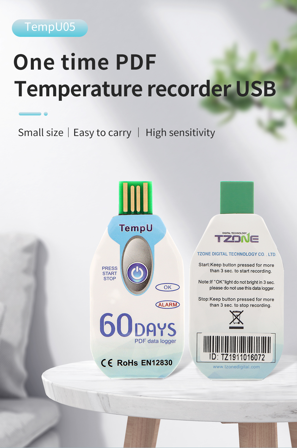 Temperature single use data logger with PDF report