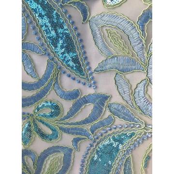 tecido bordado com folhagem colorida simples cordão de lantejoulas