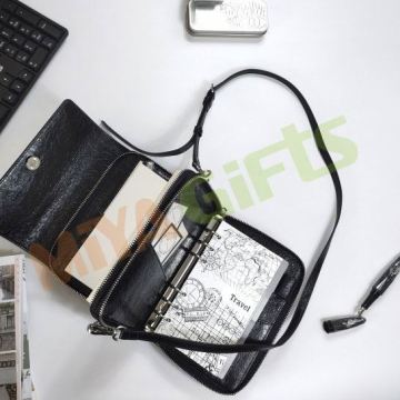 Black Leather A6 Planner Cover with Chain - Custom Quality Genuine Leather Binder Wallet