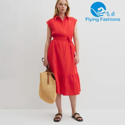 Bright red sleeveless shirt collar dress