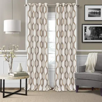 Printed Grommet Top Black Out Curtain: Linen Look Door Window Curtain