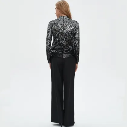 Sequined stand up collar long sleeved top
