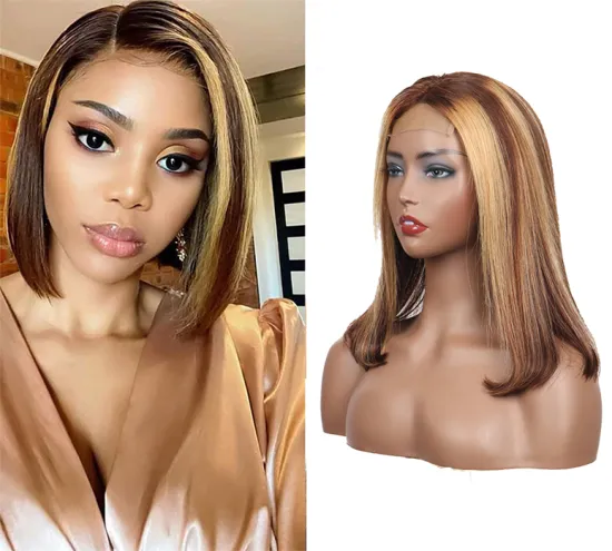 SPARK Highlight Ombre Lace Front Short Bob Wigs Human Hair for Black Women, 130% Density, Remy Hair Brown Blonde Straight