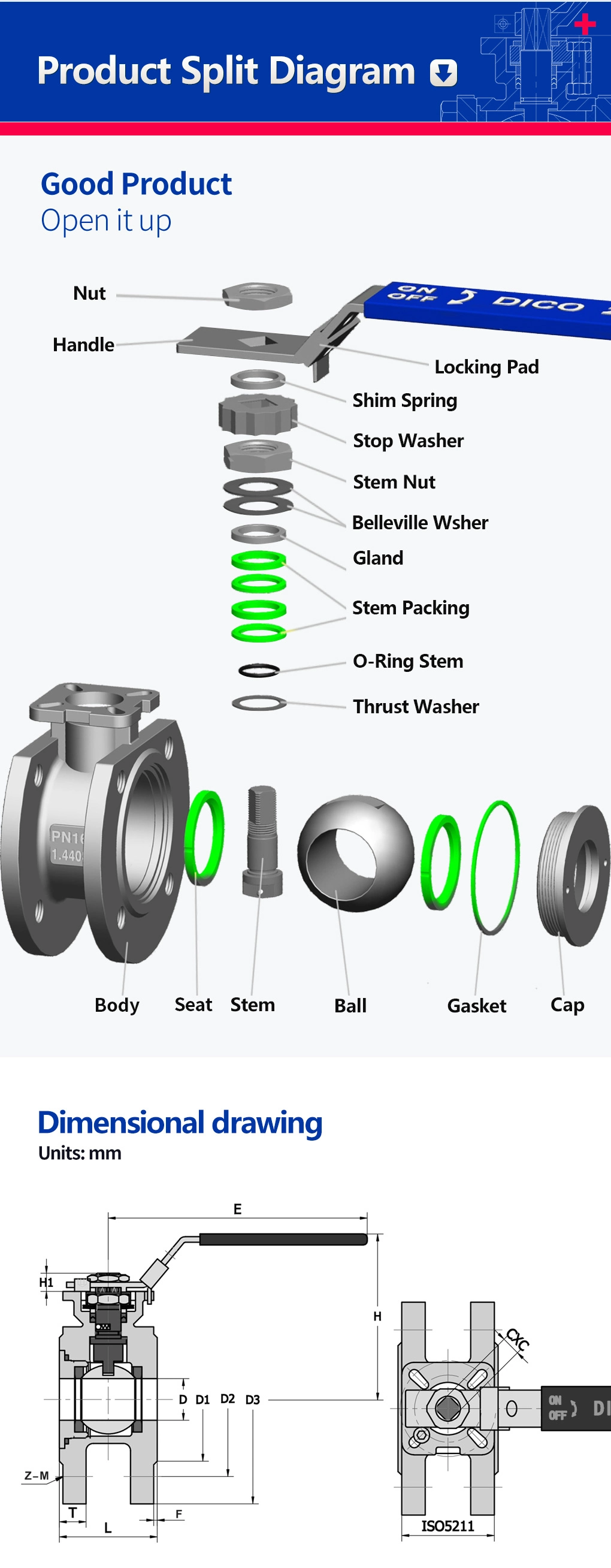 Dico Investment Casting Edelstahl DIN PN16 mit ISO5211 PAD 1PC Wafer Flanschkugelventil