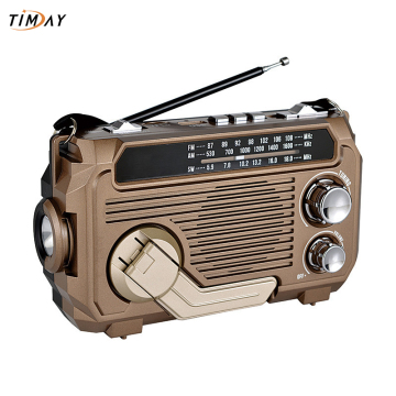 TF Card Hand Multi-Band Radio with Bluetooth, Crank Charging, Solar Panel, and USB Rechargeable LED Flashlight for Camping