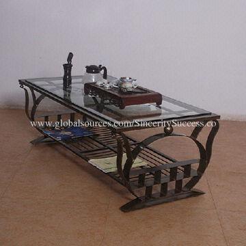 Tea Table with Iron Pipe Coating Leg and Hot Bending Red Top Glass, Measures 1,200 x 700 x 430mm