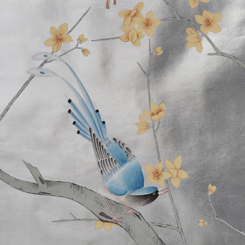 silver-gray flower bird hand-painted wallpaper