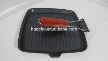 Carbon steel non stick non-stick rectangular square grill pan foldable folding detachable wooden handle