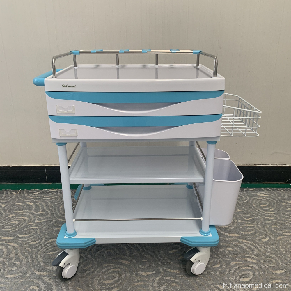 Chariot de traitement de tiroir à 2 couches en acier ABS pour hôpital