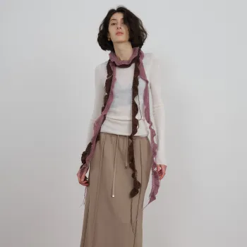 Y2k Style Purple and Red Knitted Scarf with Tassel and Ruffle Edge