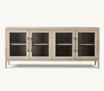 French Contemporary Glass 4-Door Solid Oak Storage Sideboard TV Stand