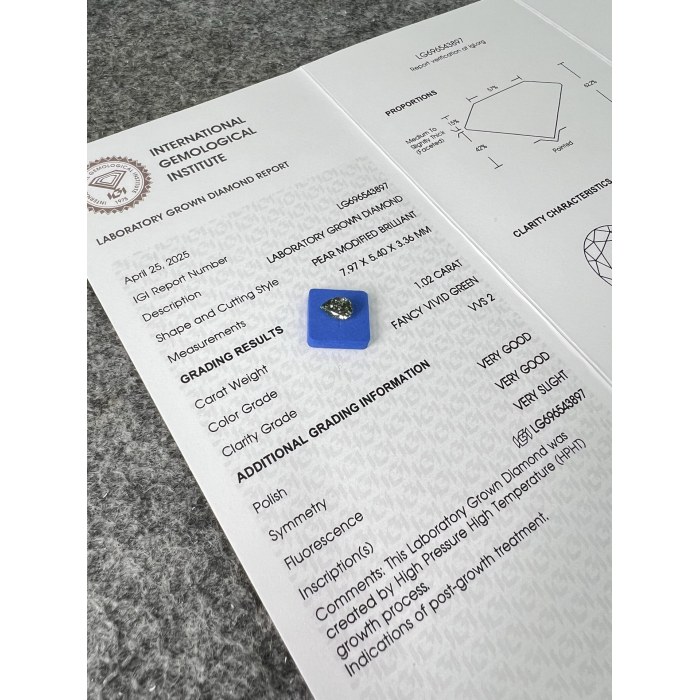 Pear Vivid Green Lab Diamond 1.02CT HPHT