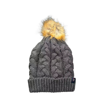 Beanie Pom Pom Bulu Imitasi Rajutan Kabel Abu-abu Arang
